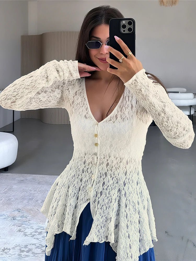 Transparenter Jacquard-Cardigan „Jenna“ mit Haifischsaum