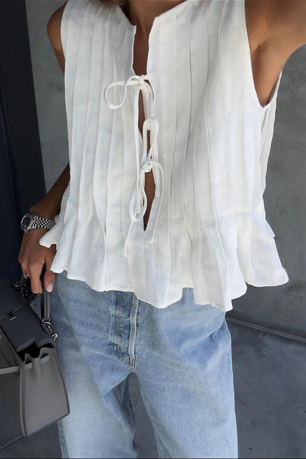 Plissiertes Leinen-Tanktop „Juvy“ mit Bindeband vorn