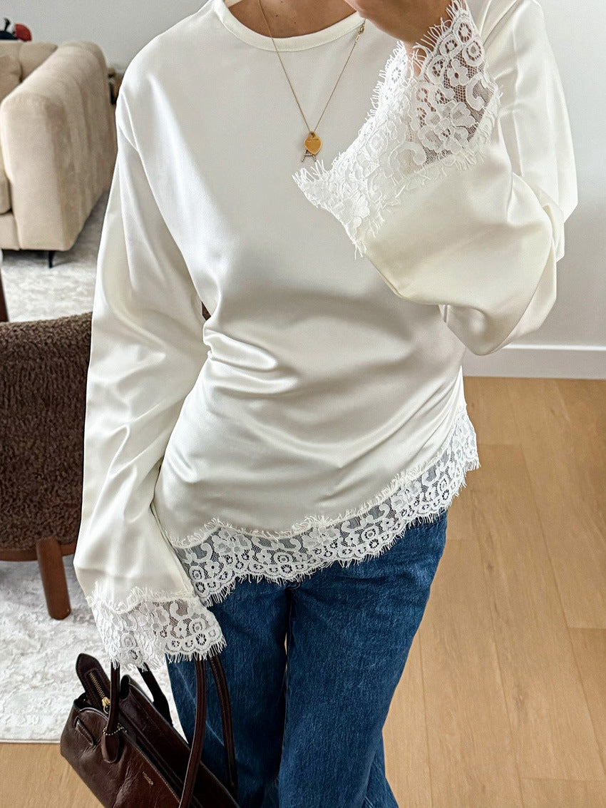 Bettina Satin-Top mit Spitzenbesatz