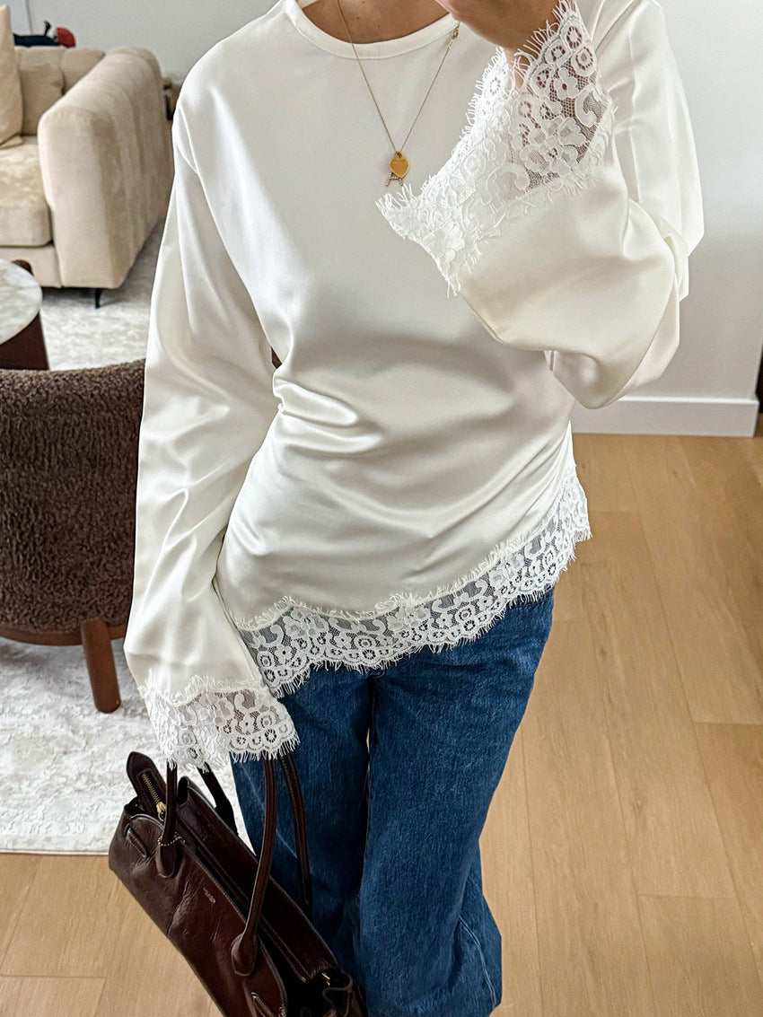Bettina Satin-Top mit Spitzenbesatz