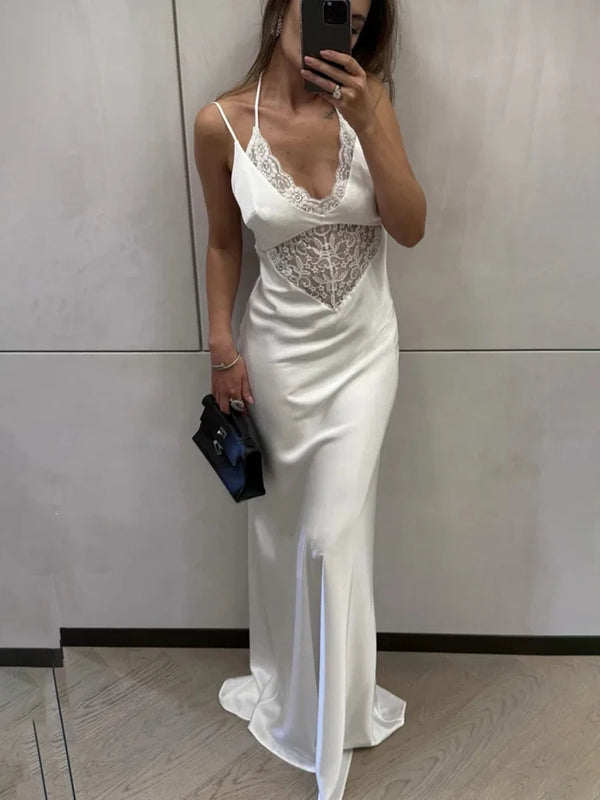 Rückenfreies Spitzen-Maxikleid mit V-Ausschnitt und Schnürung