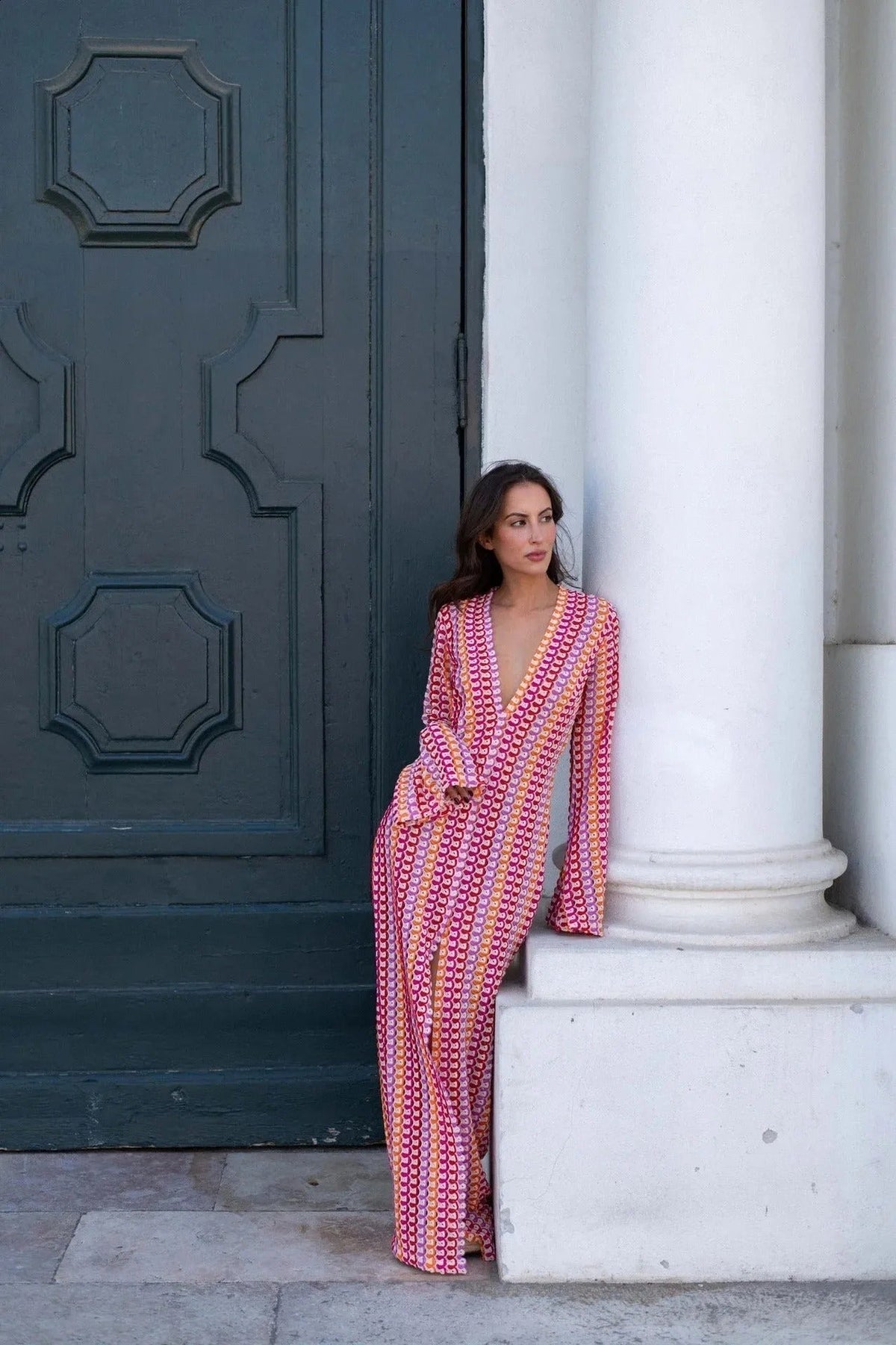 Liekes gehäkeltes Maxikleid mit Streifen