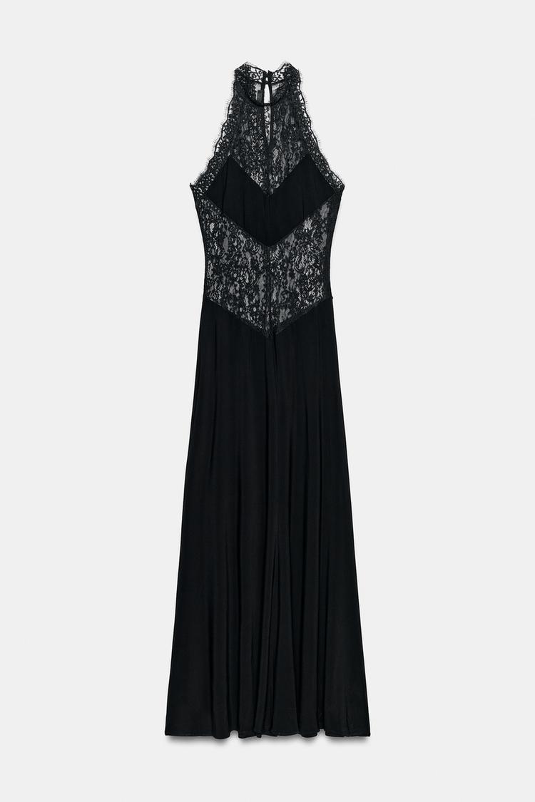 Lindsay transparentes Spitzen-Maxikleid mit Neckholder-Ausschnitt