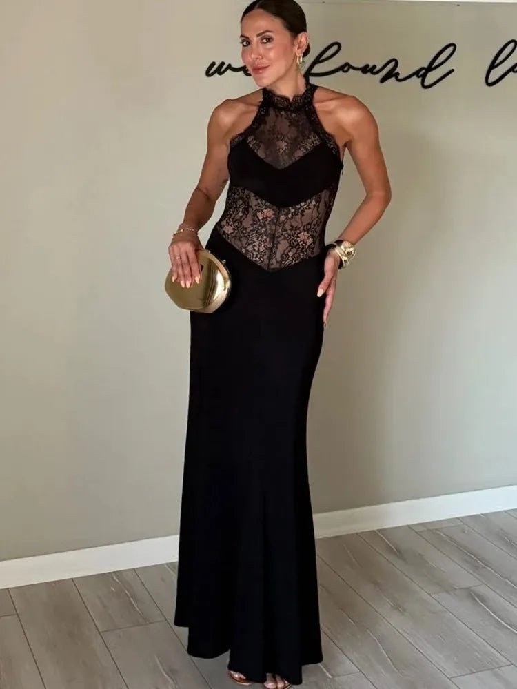 Lindsay transparentes Spitzen-Maxikleid mit Neckholder-Ausschnitt