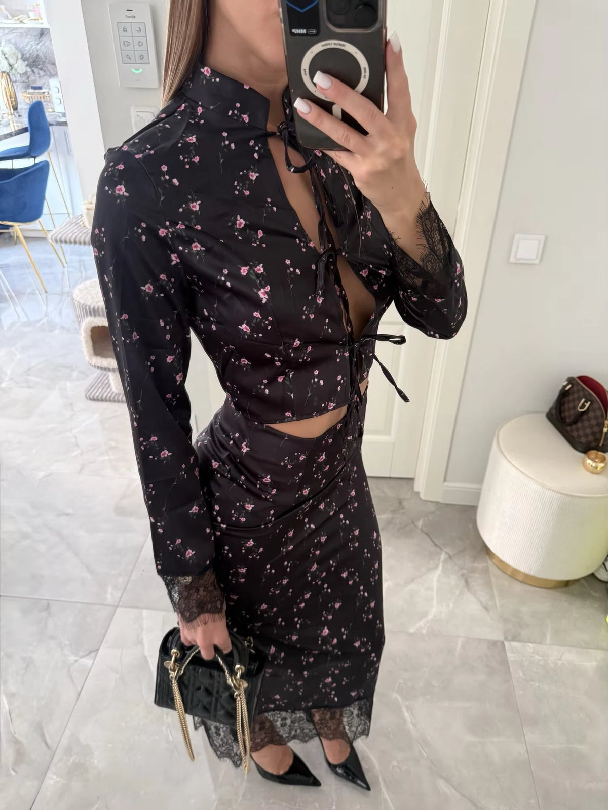 Lisa Set aus Oberteil und Maxirock mit Spitzenbesatz und floralem Lochmuster
