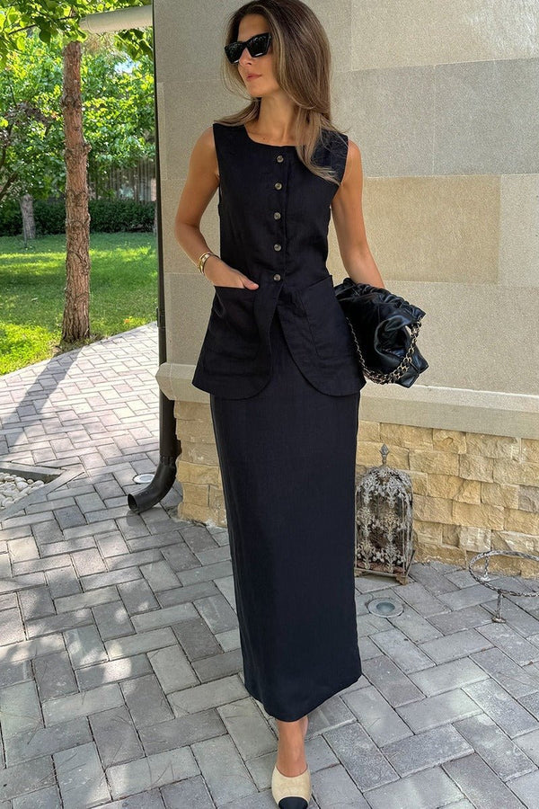 Lorelei Leinen-Set aus Weste und hoch tailliertem Rock