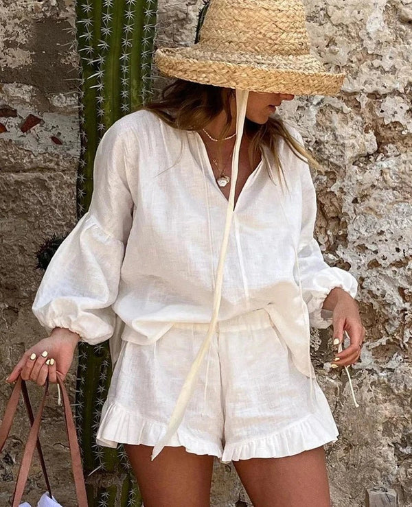 Shorts-Set Luna mit Langarmoberteil und Rüschen