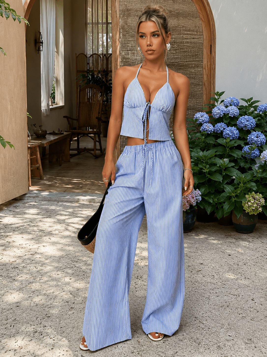 Mary gestreiftes Neckholder-Top-Set