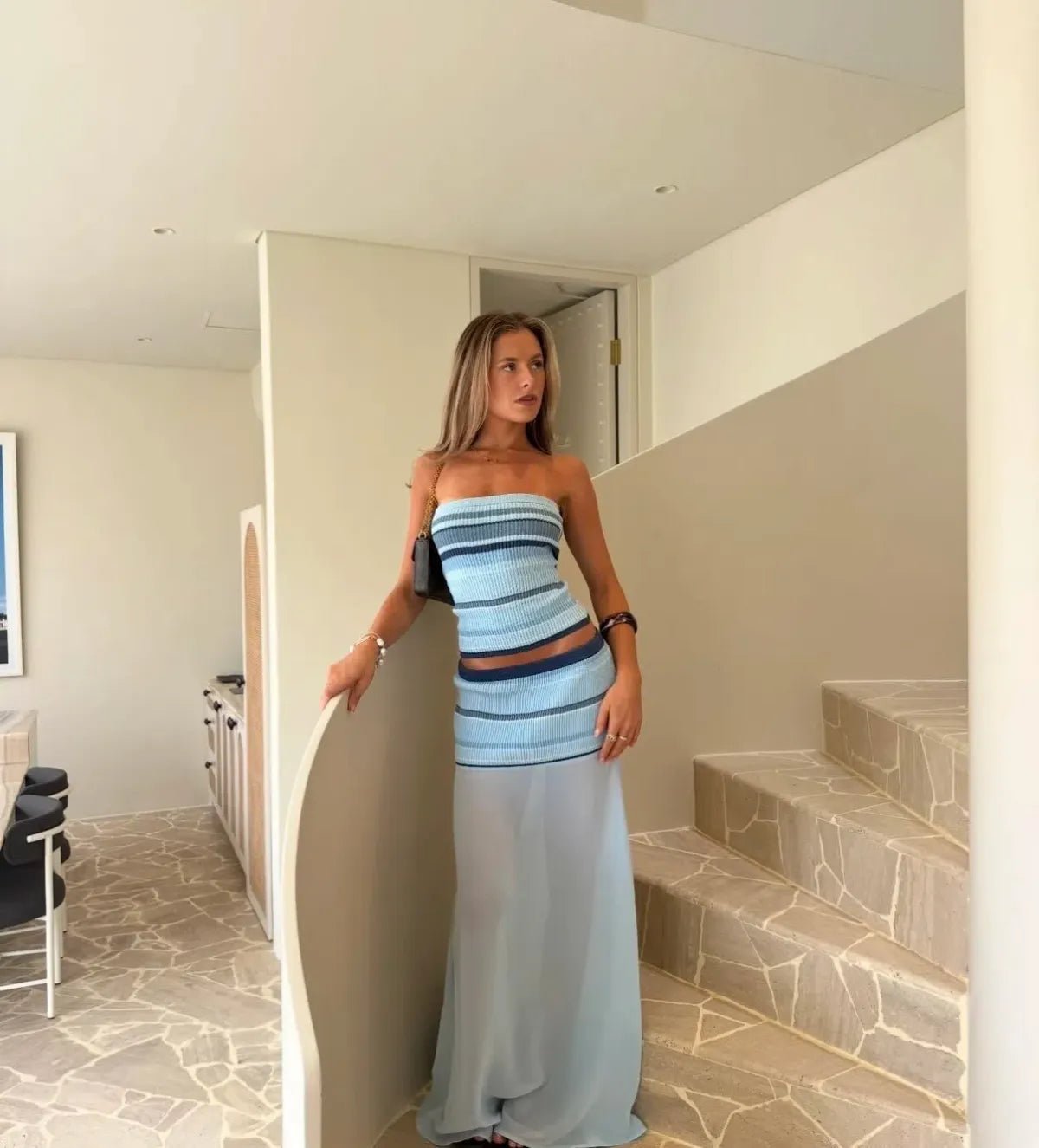 Miriam gestreiftes Bandeau-Top- und transparenter Rock-Set