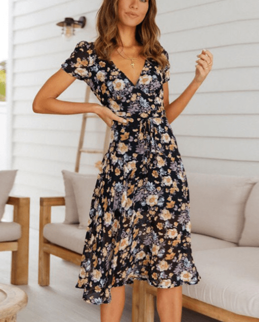Mona Midikleid mit V-Ausschnitt und Blumenmuster