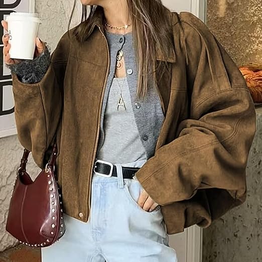 Nina Vintage-Jacke aus khakifarbenem Veloursleder