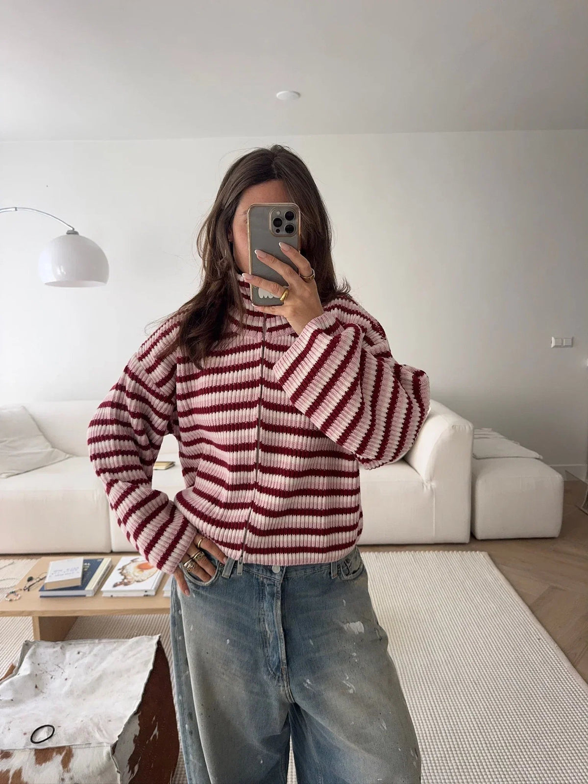 Nora Oversize-Strickpullover mit Streifen und Reißverschluss