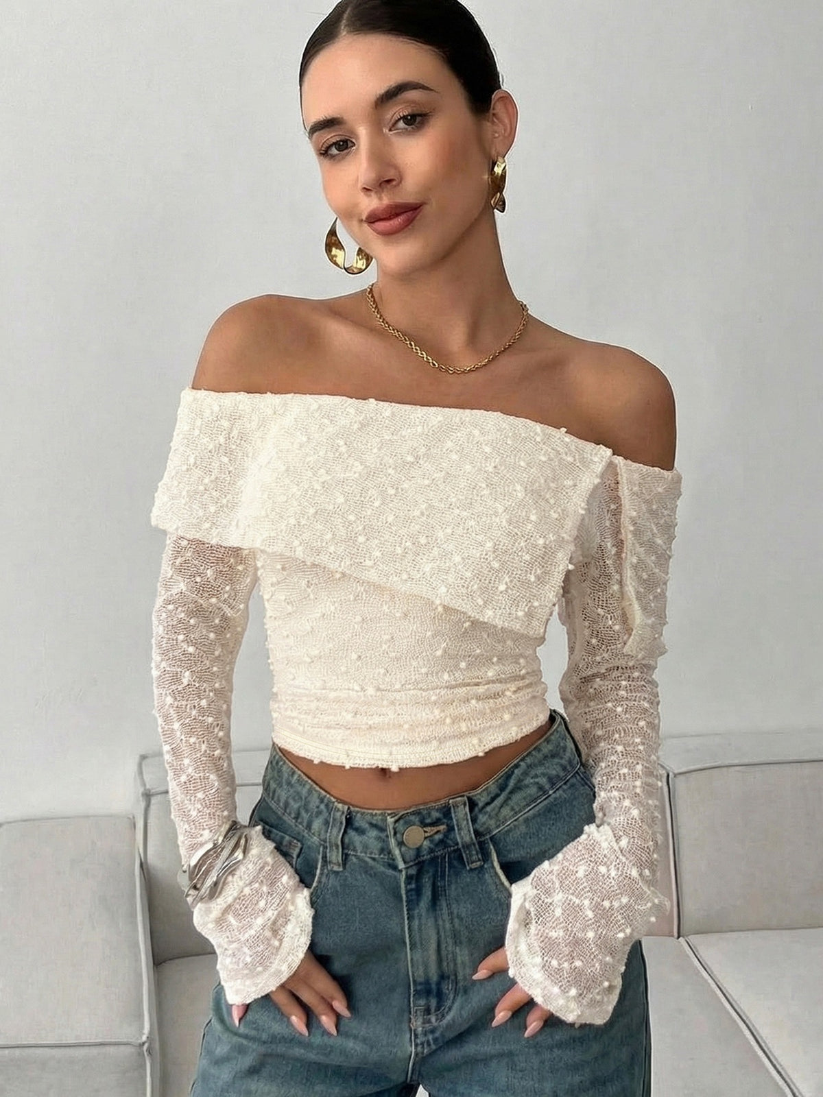 Brisa Off-Shoulder-Top mit Umschlagkragen