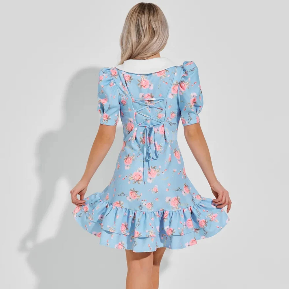 Bedrucktes Volant-Minikleid mit V-Ausschnitt