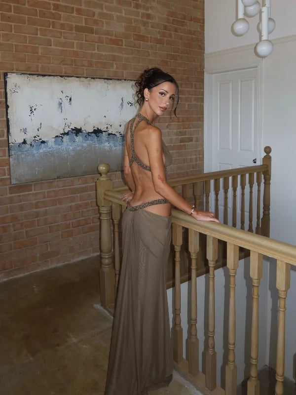 Rafaela Sequin Halter Maxi Evening Dress