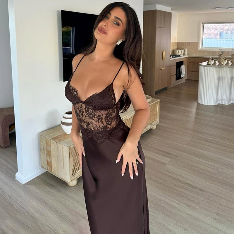 Sandra Spitzen-Maxi-Kleid mit V-Ausschnitt