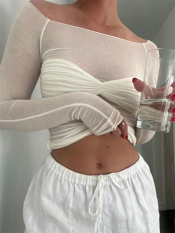 Saras durchsichtiges Mesh-Off-Shoulder-Top