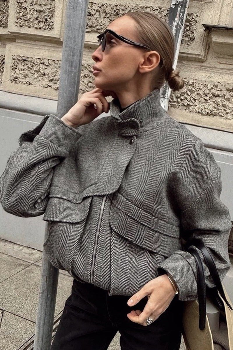 Sarah Herringbone Stand Collar Coat