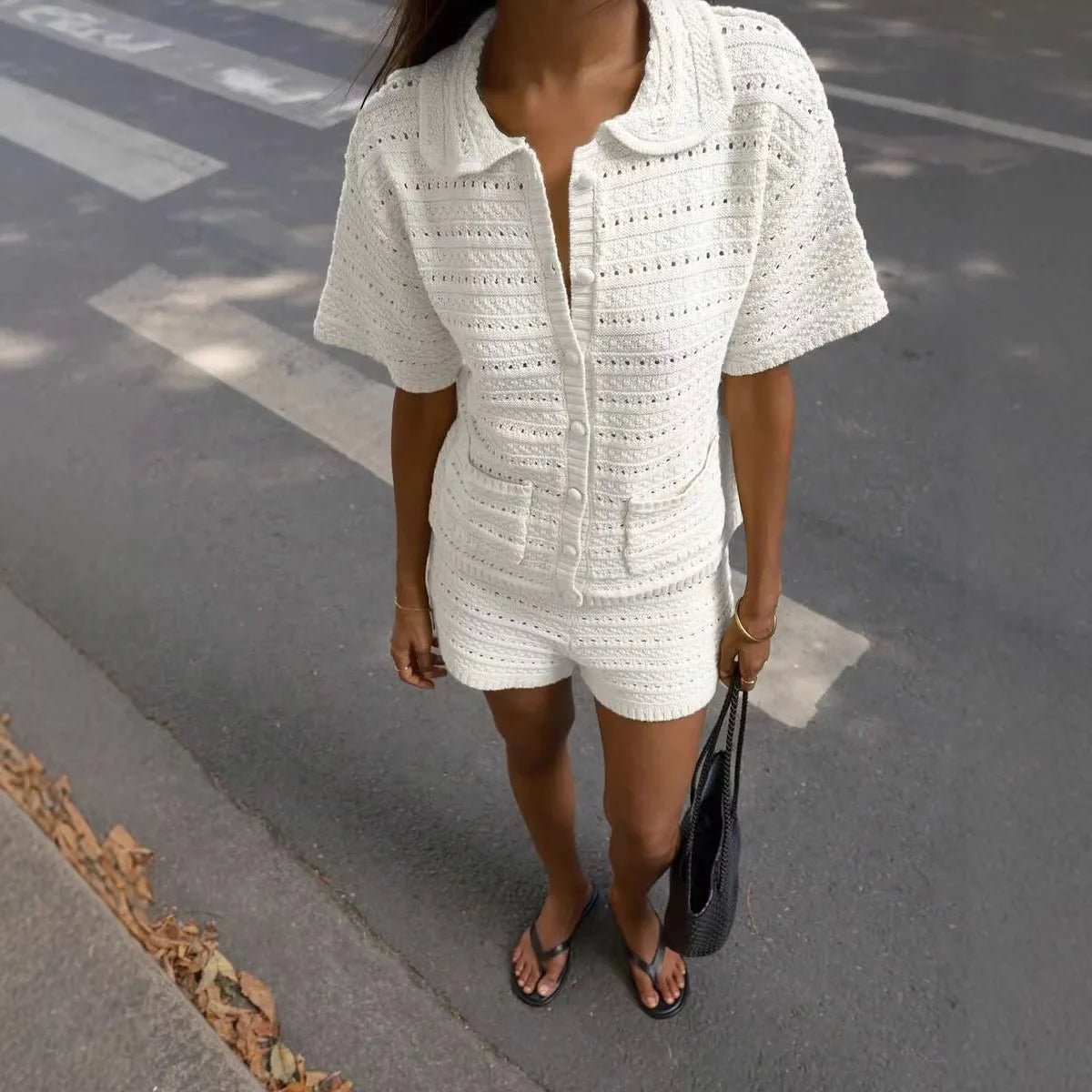 Sasha einfarbiges Strick-Set aus Cardigan und Shorts