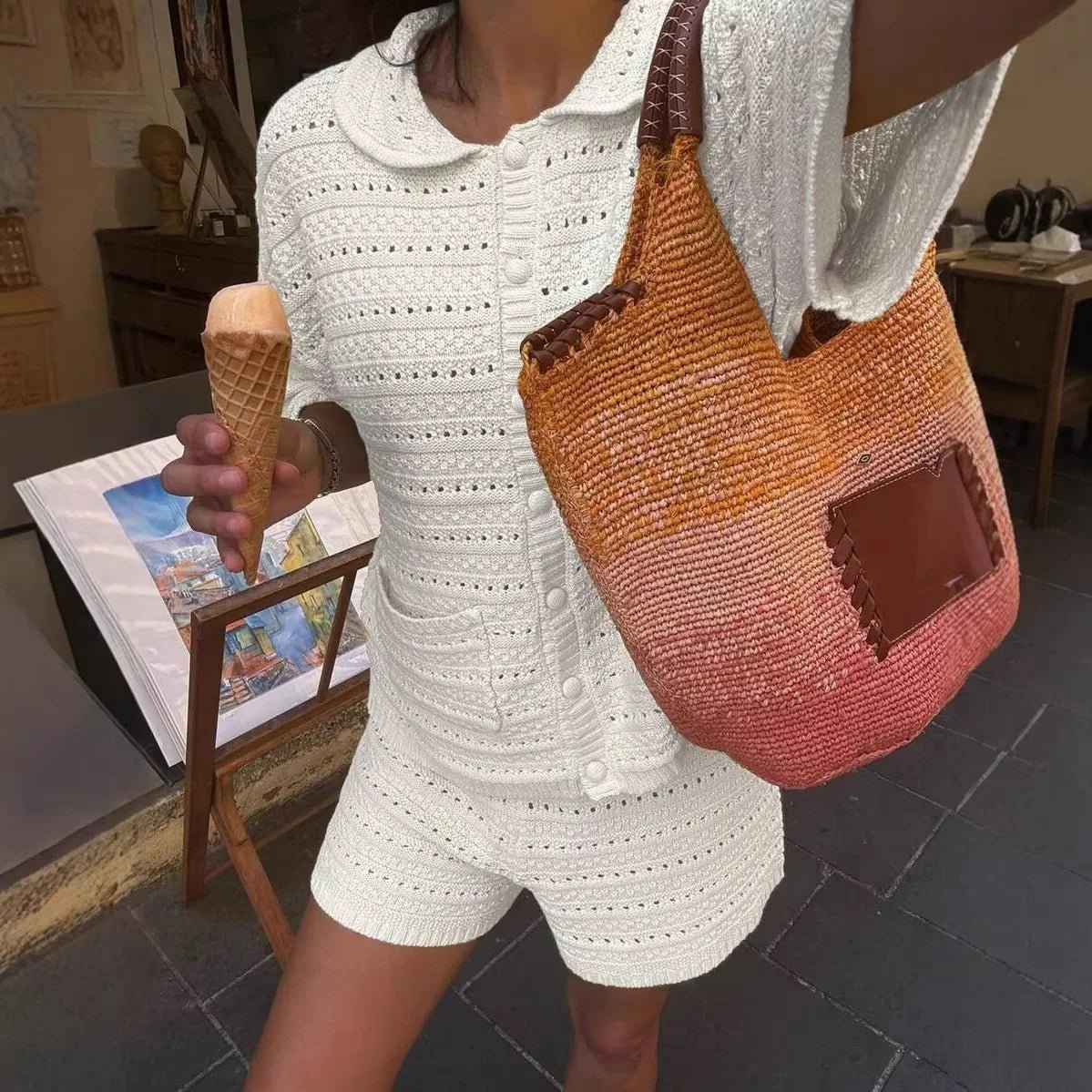 Sasha einfarbiges Strick-Set aus Cardigan und Shorts