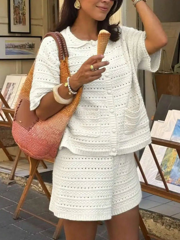 Sasha einfarbiges Strick-Set aus Cardigan und Shorts