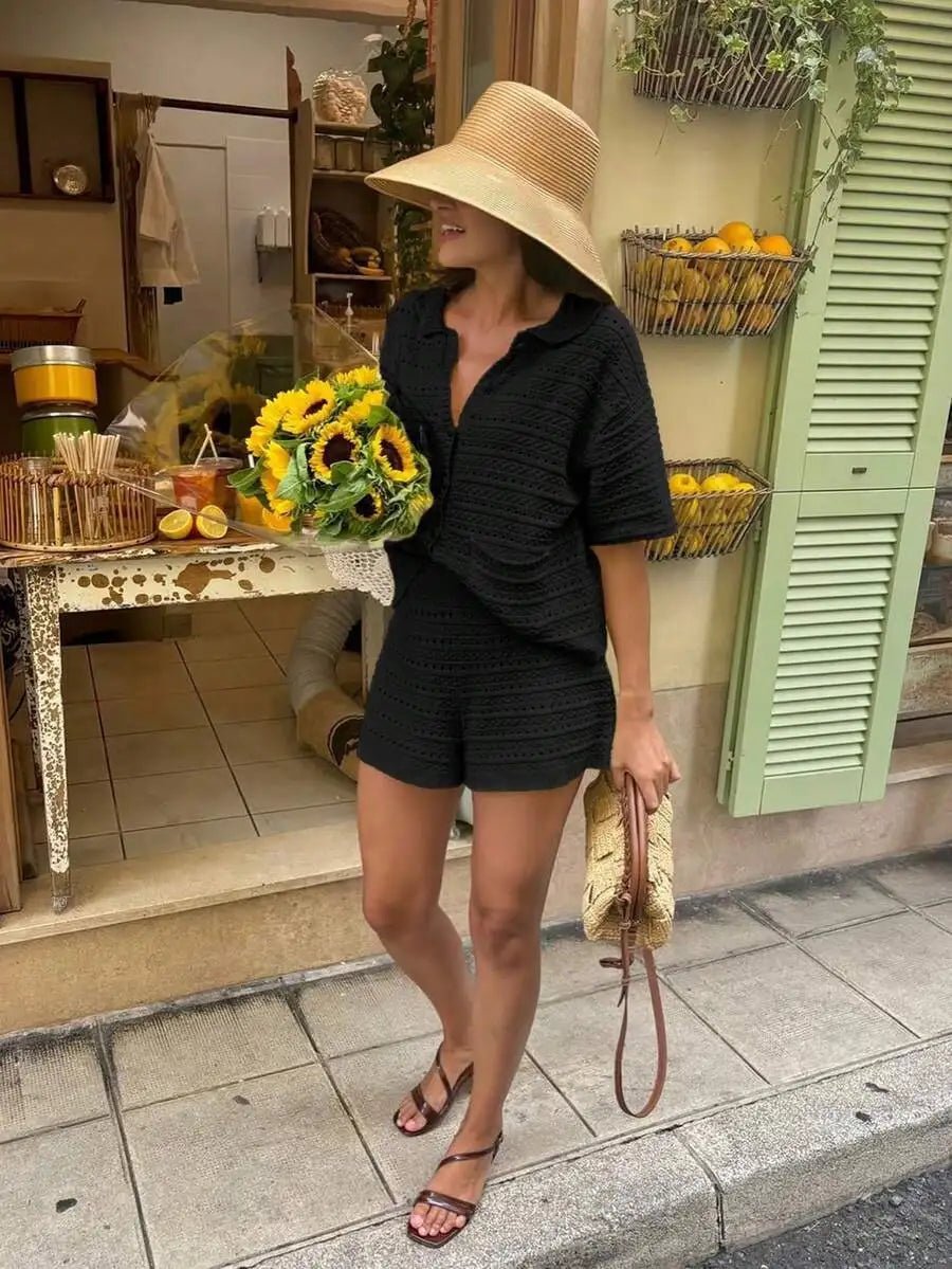Sasha einfarbiges Strick-Set aus Cardigan und Shorts