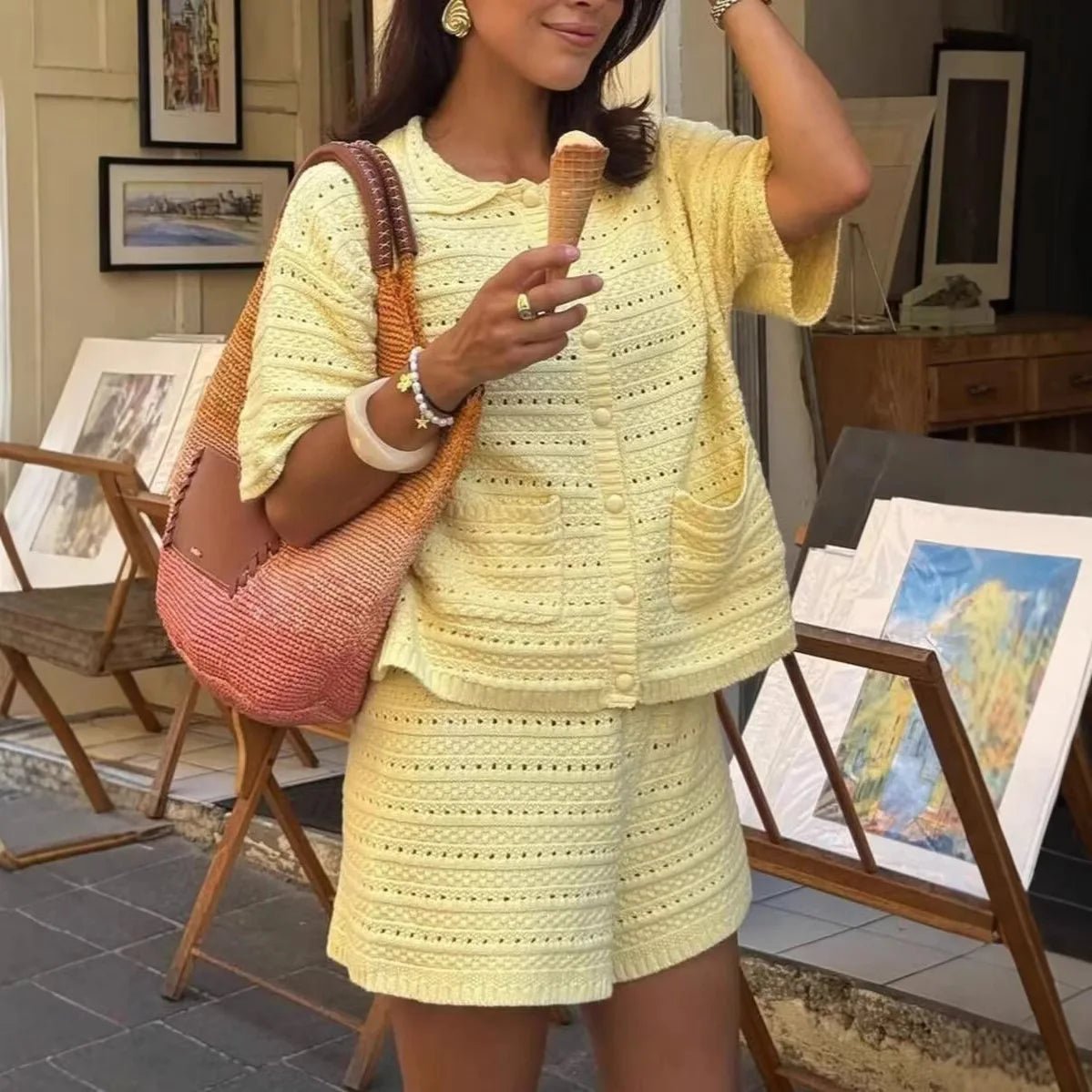 Sasha einfarbiges Strick-Set aus Cardigan und Shorts