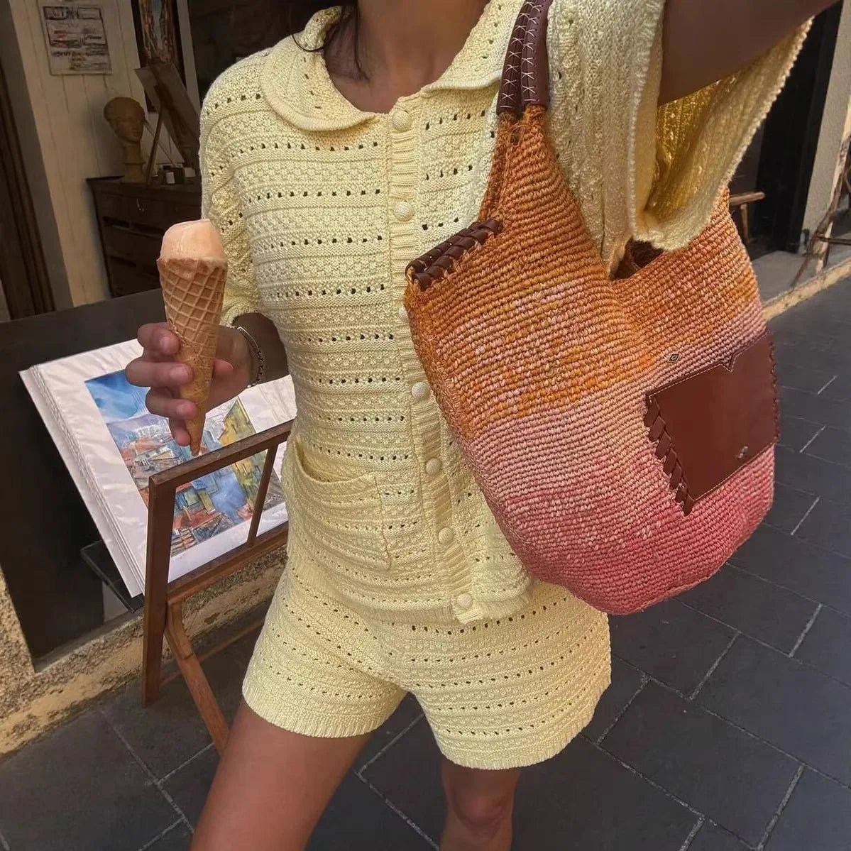 Sasha einfarbiges Strick-Set aus Cardigan und Shorts