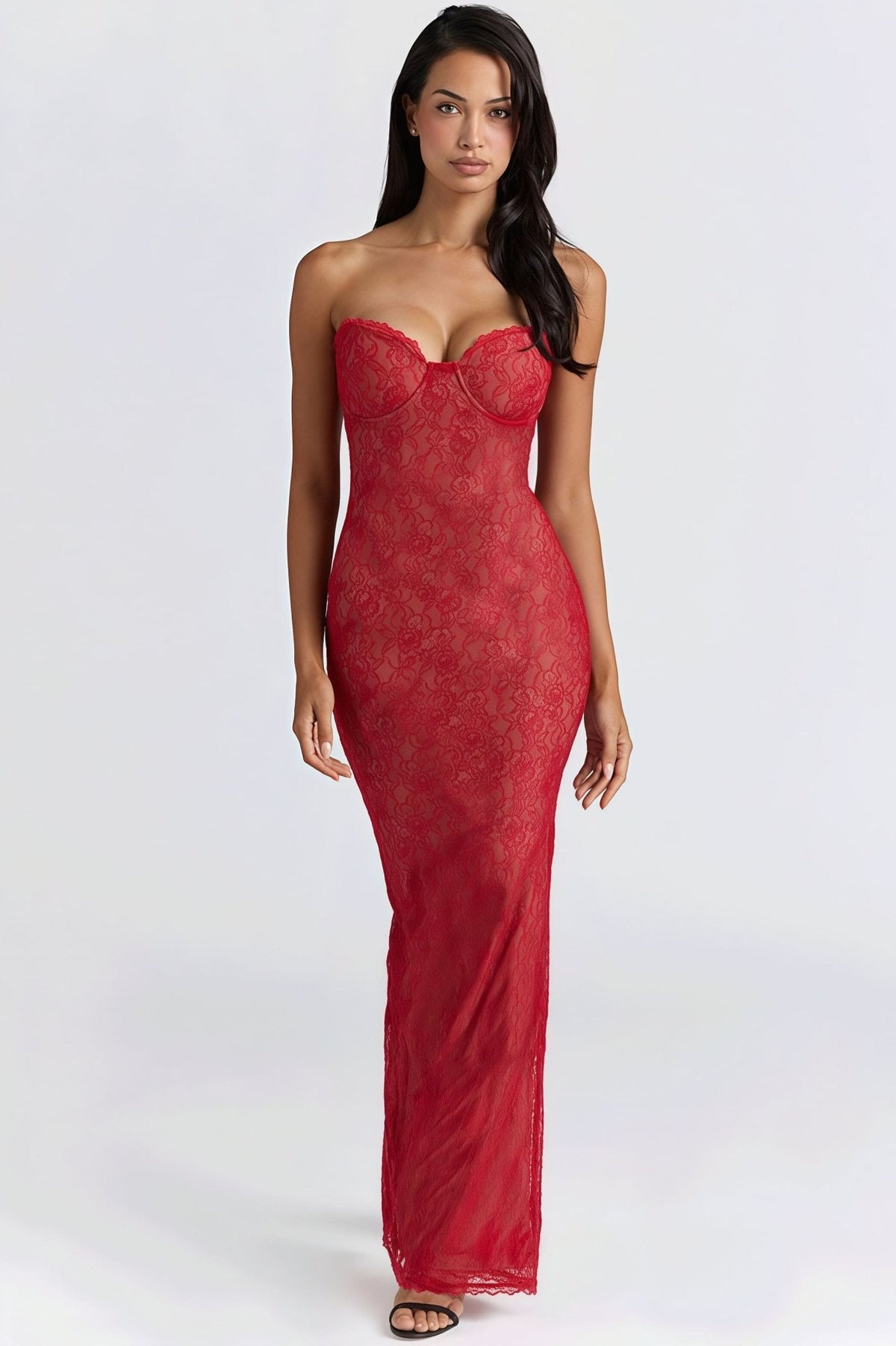 Senna Transparenter Bandeau-Maxikleid aus Spitze