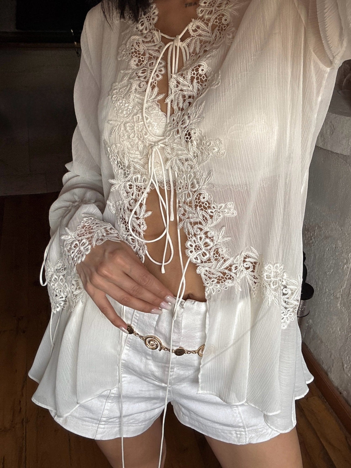 Simone Front-Tie Lace Appliqué Top