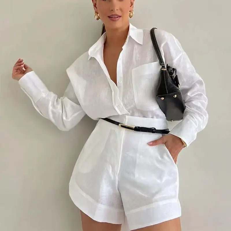 Solenn Leinen-Set mit Langarmshirt und High-Waist-Shorts