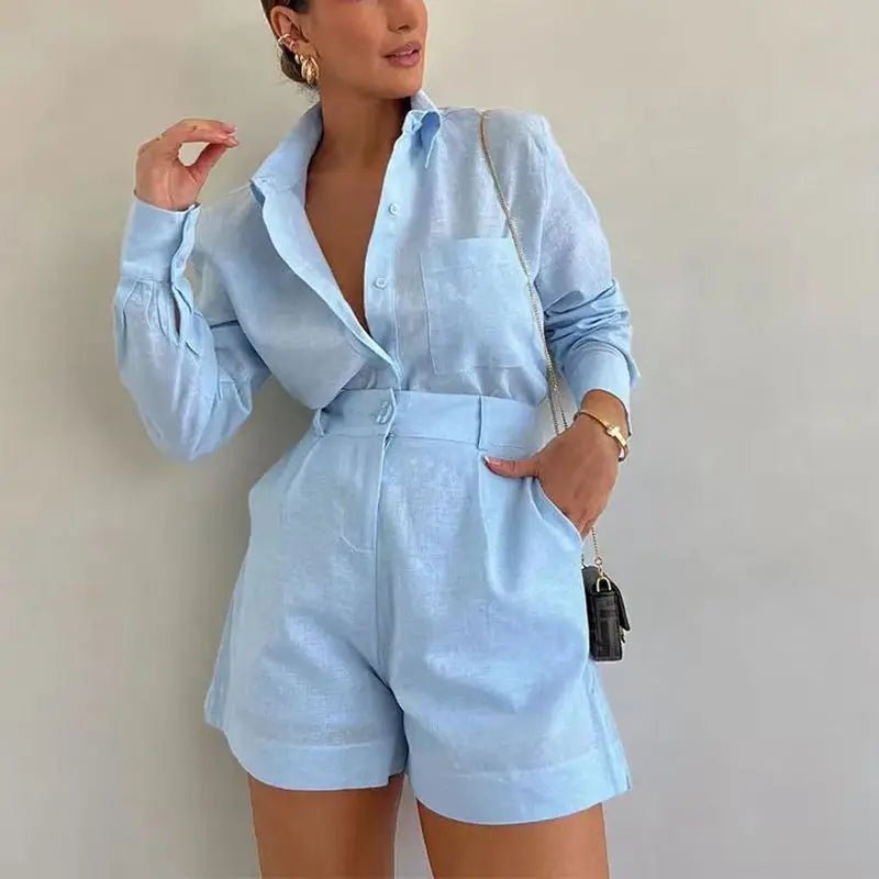 Solenn Leinen-Set mit Langarmshirt und High-Waist-Shorts