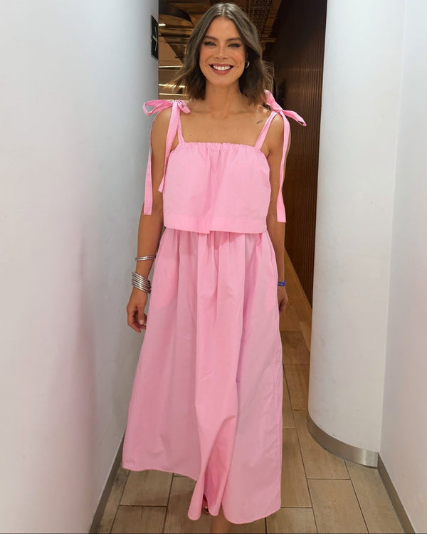Sophia rosafarbenes Midikleid mit Schleife und Volants