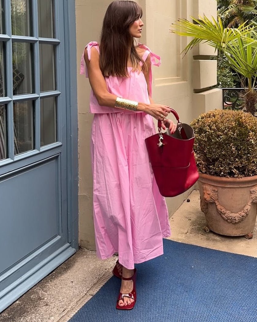 Sophia rosafarbenes Midikleid mit Schleife und Volants