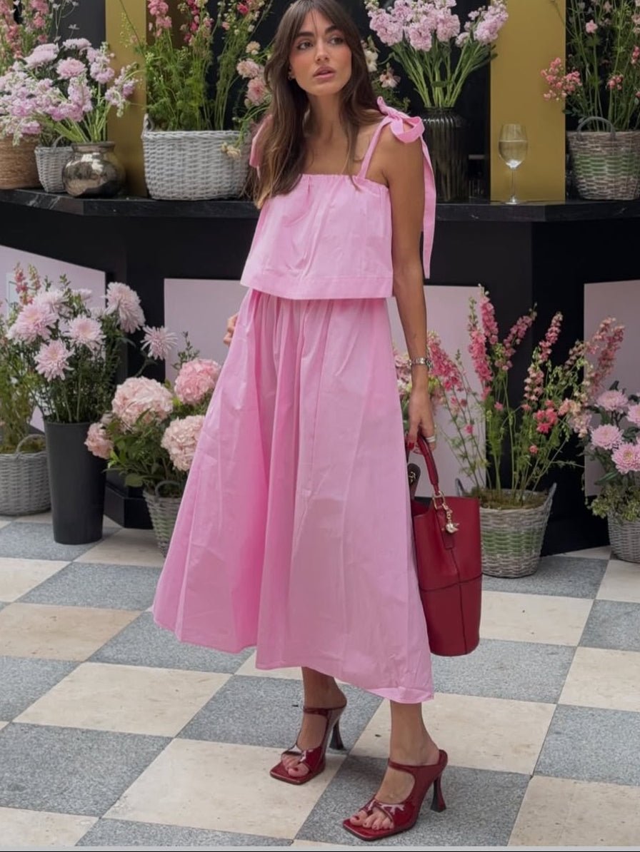 Sophia rosafarbenes Midikleid mit Schleife und Volants