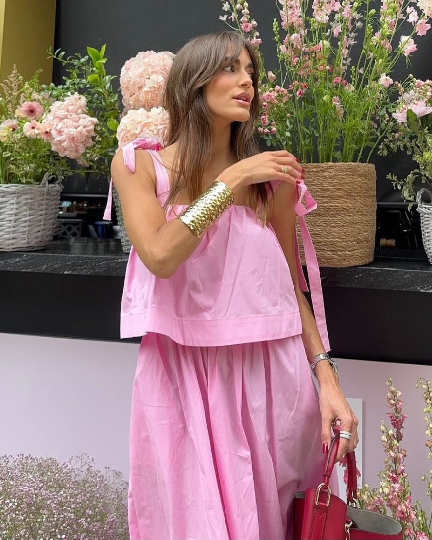 Sophia rosafarbenes Midikleid mit Schleife und Volants