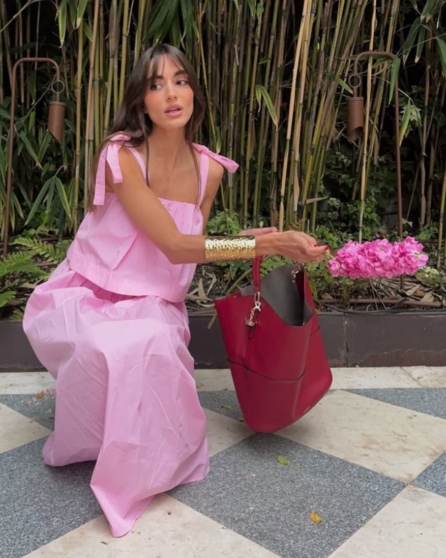 Sophia rosafarbenes Midikleid mit Schleife und Volants