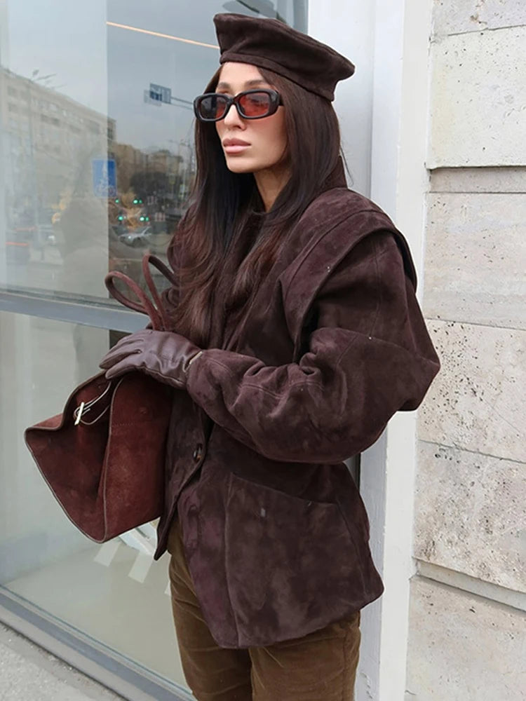 Velourslederjacke mit V-Ausschnitt