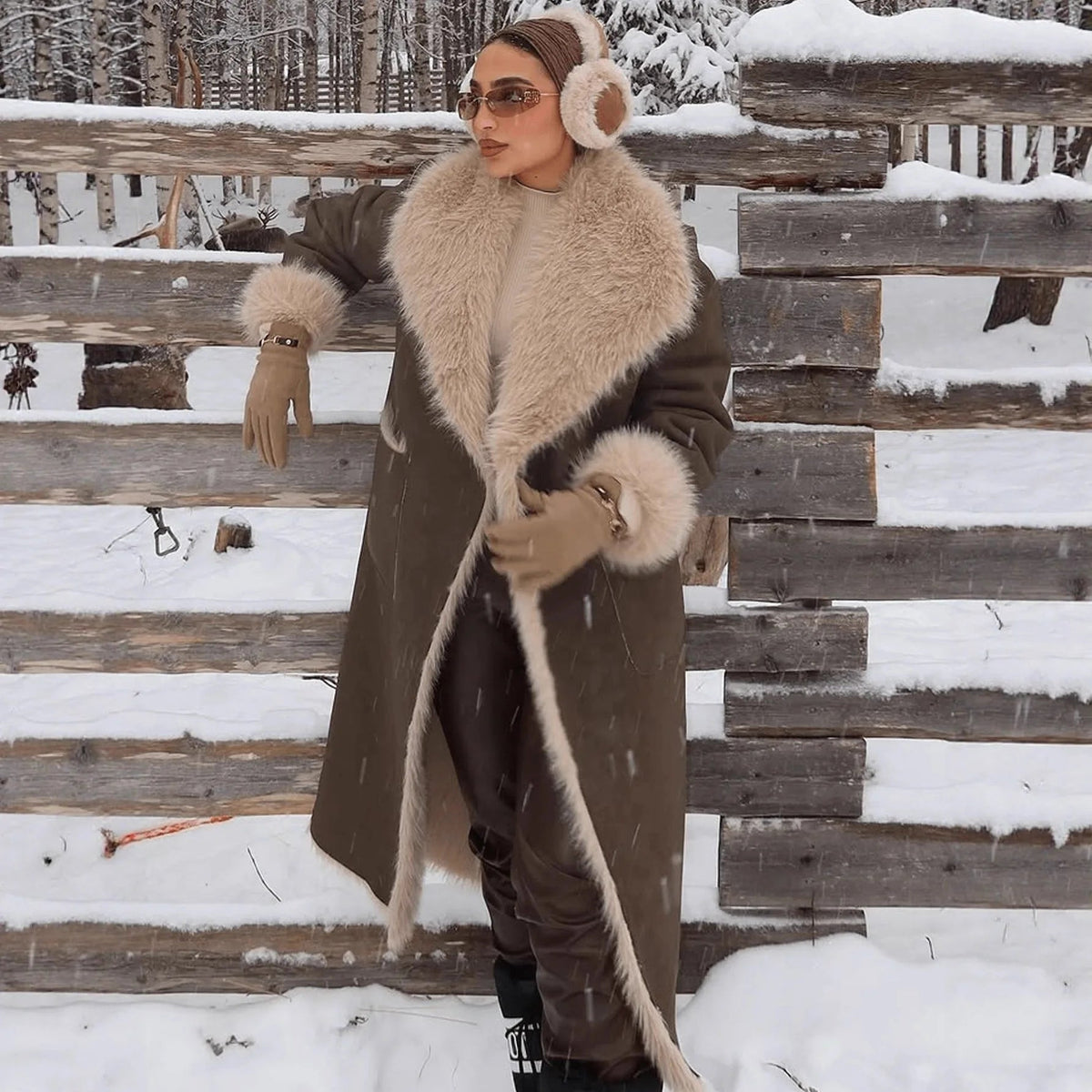 Sydney langer Mantel aus Kunstpelz und Veloursleder