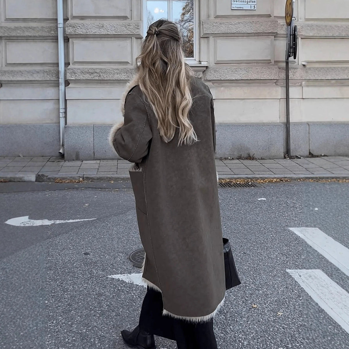 Sydney langer Mantel aus Kunstpelz und Veloursleder