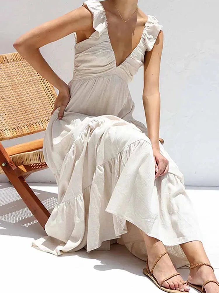 Tahlia Langes Kleid aus Baumwolle und Leinen mit Rüschen