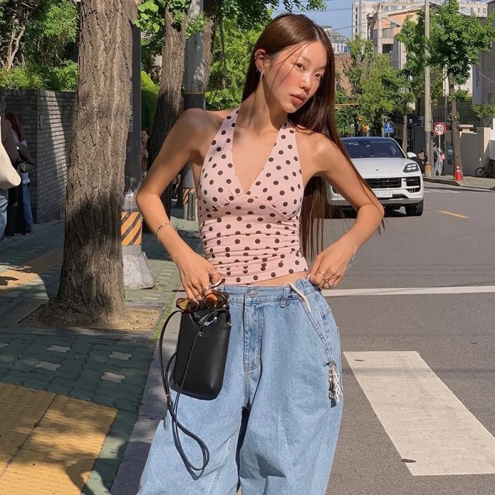 Tamsin gepunktetes schulterfreies Tanktop