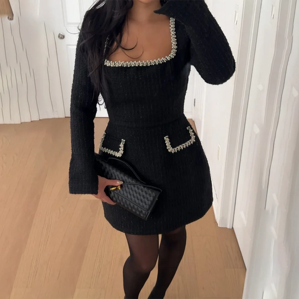 Langarmkleid aus Tweed mit eckigem Ausschnitt