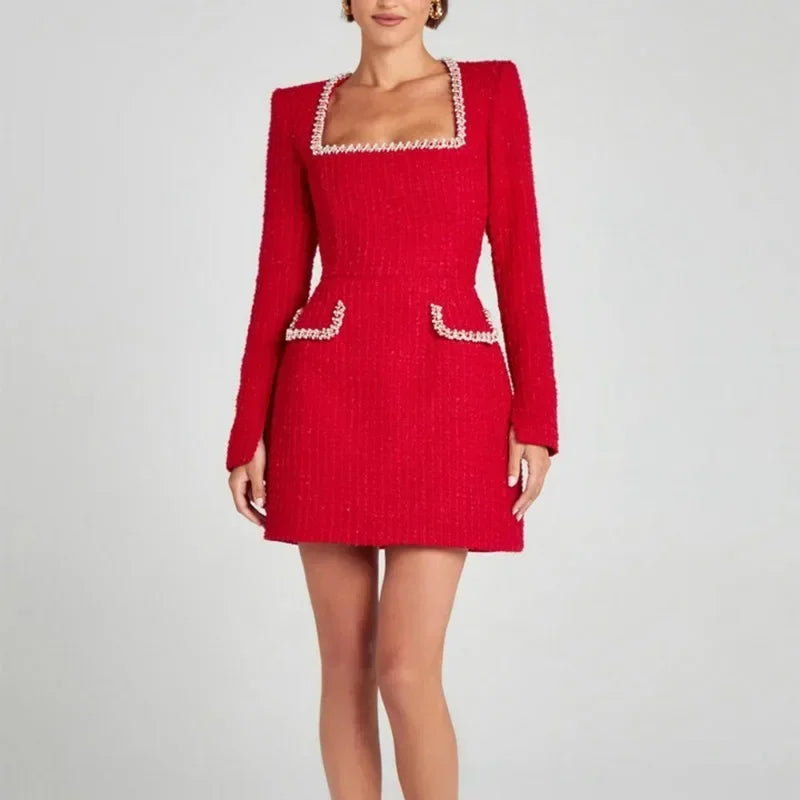 Langarmkleid aus Tweed mit eckigem Ausschnitt