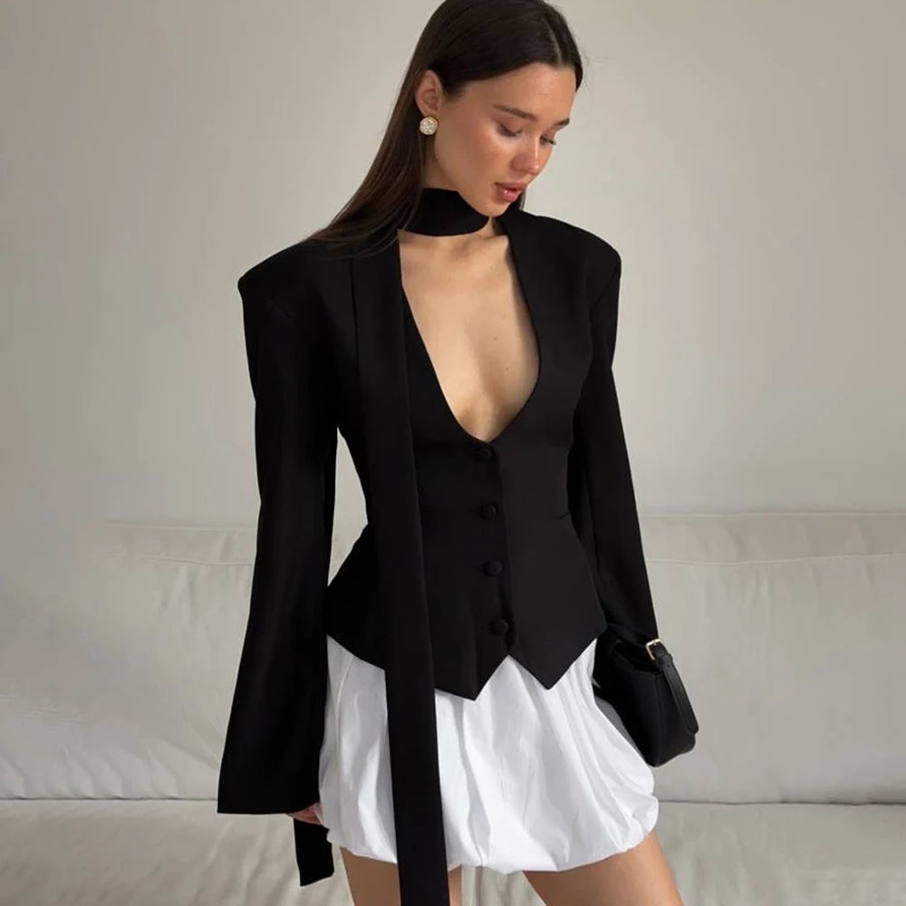 Blazer mit V-Ausschnitt und Schleife