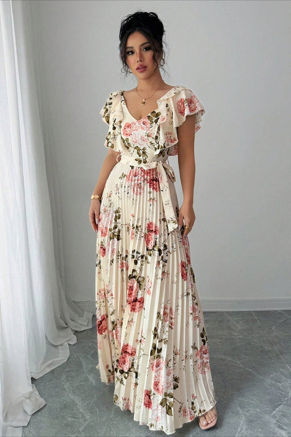 Valentina Maxikleid mit Blumenmuster, V-Ausschnitt und Rüschenärmeln