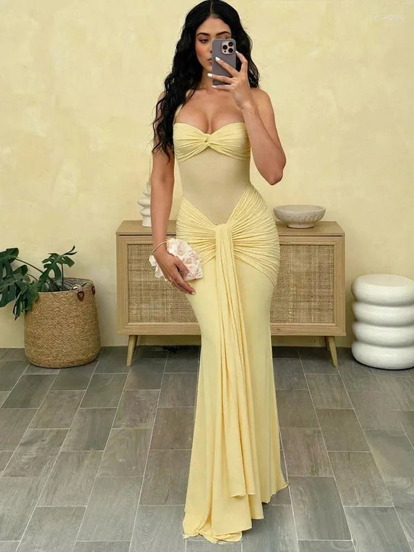 Veracity Halter Backless Ruched Maxi Dress