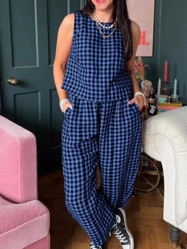 Wren kariertes Set aus ärmelloser Weste und 7/8-Hose