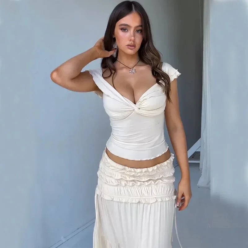 Zendaya Set aus gerüschtem Crop-Top und Maxirock