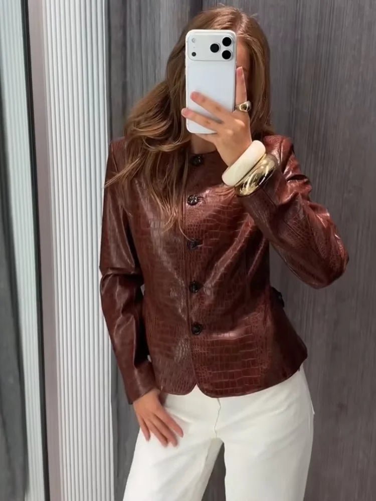 Ragna Croc-Effect Faux Leather Jacket in brown – styled look